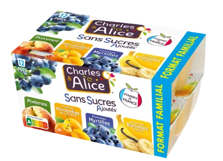 Panaché de Pommes, P-Mirabelles, P-Myrtilles, P-Bananes Vanille de Charles & Alice